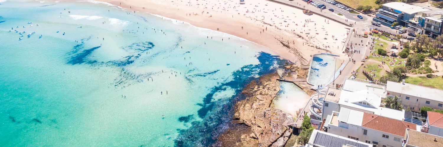 Aerial view of Bondi Beach and the surrounding suburb