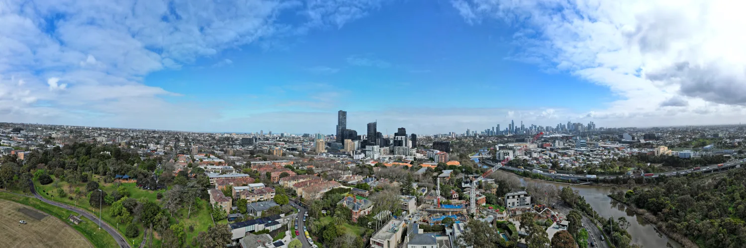 Aerial view over South Yarra towards the Melbourne skyline