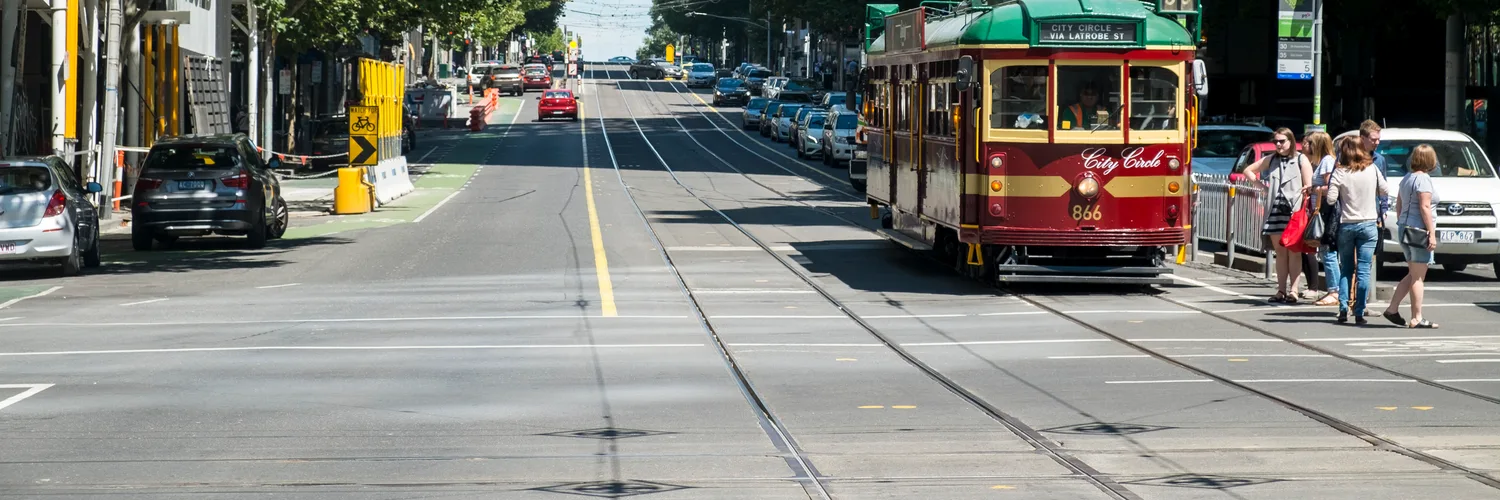 A City Circle tram on a Melbourne city street