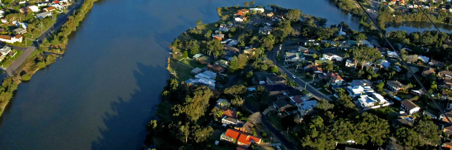 Aerial view over a waterfront suburb at Terrigal