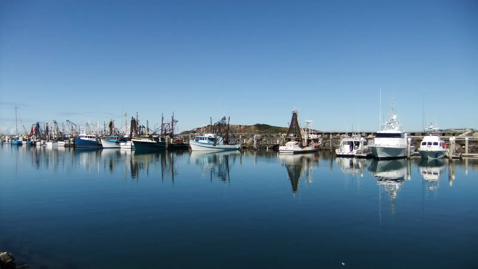 Fishing boats and cruisers moored in the Coffs Harbour boat harbour on a still, clear day