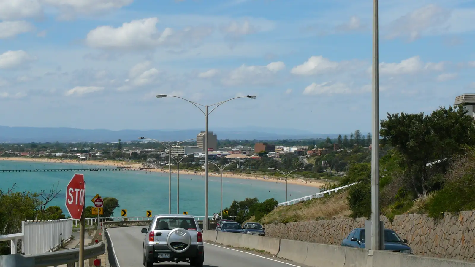 Frankston foreshore, beach and pier seen from Olivers Hill on a sunny day
