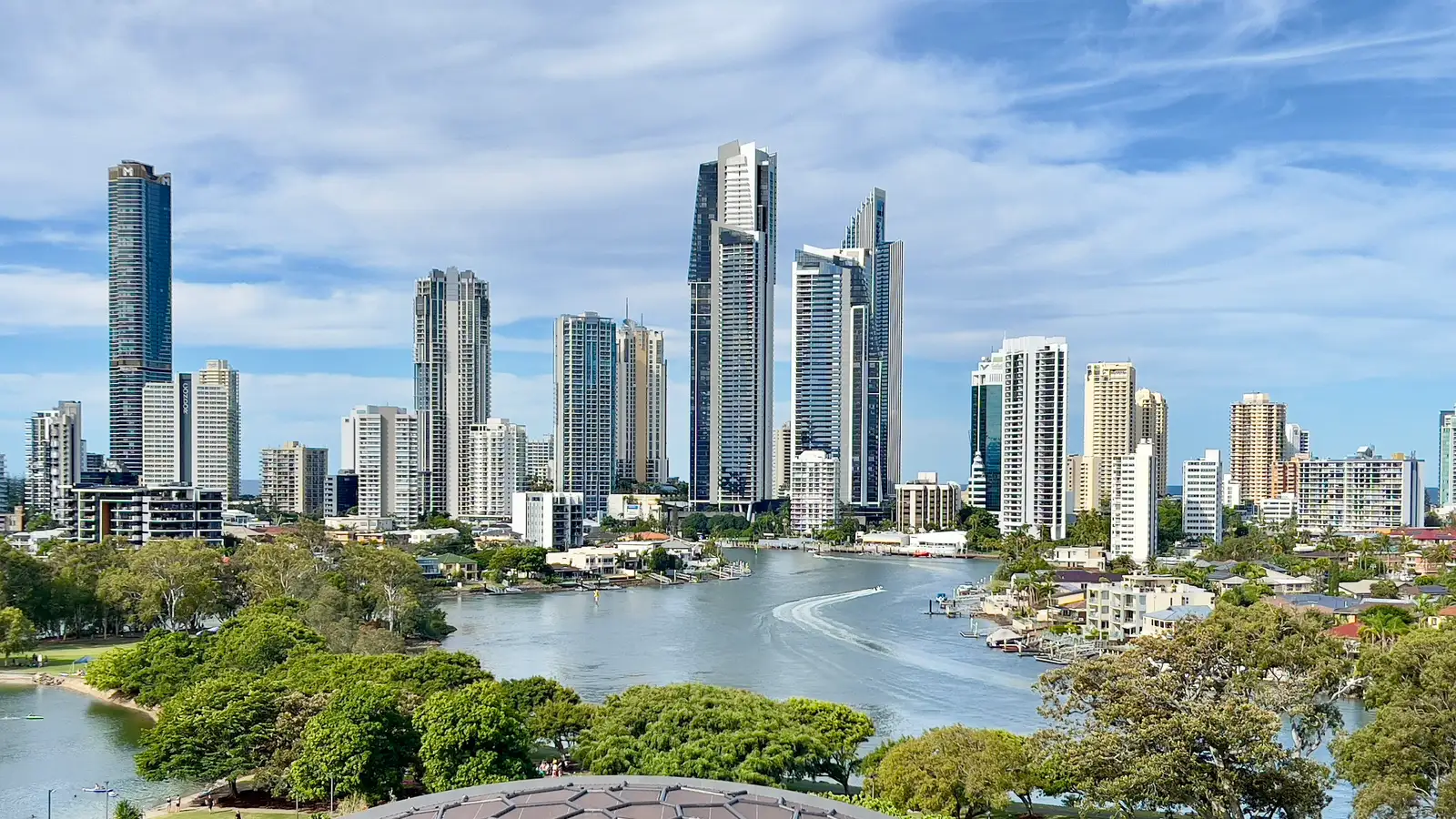 Surfers Paradise high-rise skyline above the Nerang River and parkland at HOTA