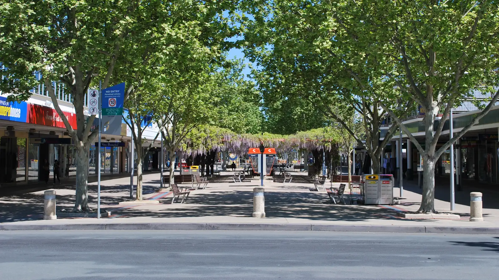 Tree-lined Maude Street Mall in central Shepparton on a sunny day