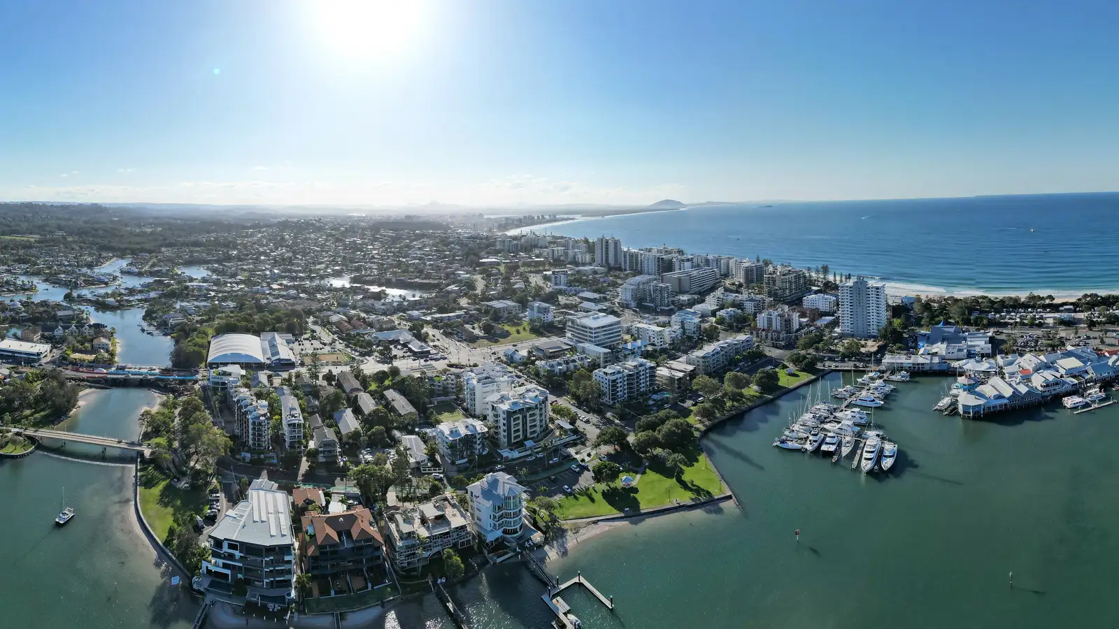 Aerial view of Mooloolaba's canals, marina and beachfront on the Sunshine Coast